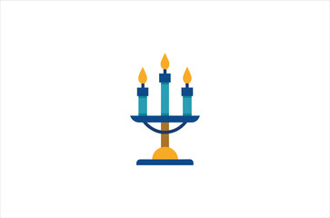 Simple illustration of a blue and gold hanukkah menorah with lit candles