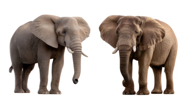 Majestic Elephants: Capturing the immense presence of two African elephants, their wrinkled skin, expressive eyes, and imposing tusks stand out against a simple background.