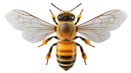 Golden Buzz: A honeybee, resplendent in its golden and black striped armor, spreads its delicate wings, embodying the vital essence of pollination and the sweet promise of nature's bounty.