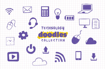 Hand-Drawn Technology Doodles Collection &ndash; Digital Icons, Devices & Tech Elements on Grid Background