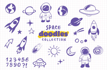 Hand-Drawn Space Doodles Collection &ndash; Astronauts, Rockets, Planets & Cosmic Elements on Grid Background
