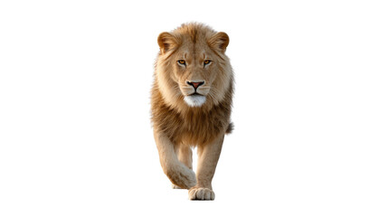 Obraz premium Majestic Lion's Approach: A powerful male lion strides purposefully forward, his gaze intense. the essence of animal power and regality.