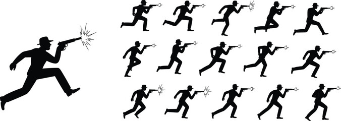 Silhouette man running with gun, action pose, dynamic movement, animation frame sequence, black figure, crime concept, vintage detective style