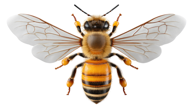 Golden Buzz: A honeybee, resplendent in its golden and black striped armor, spreads its delicate wings, embodying the vital essence of pollination and the sweet promise of nature's bounty.
