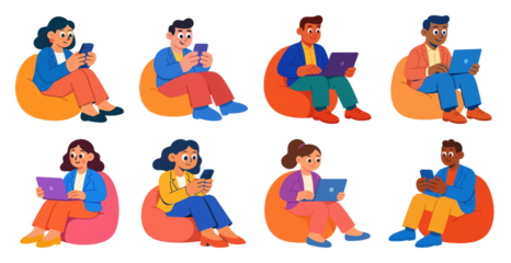 PNG Diverse people using devices, element set on transparent background