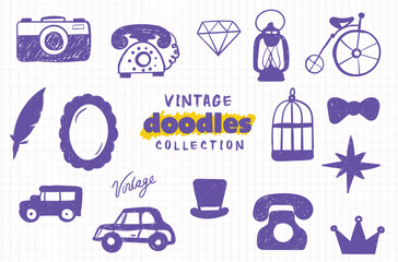 Vintage Doodle Icon Collection on Grid Paper &ndash; Hand-Drawn Retro Objects for Creative Design