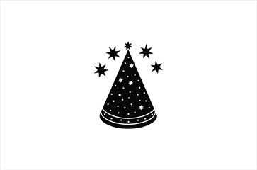 Simple black and white illustration of a party hat with stars
