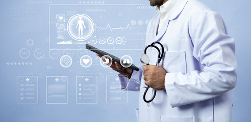 Doctors and the medical revolution on virtual screens and technological advancements Artificial Intelligence (AI) Deep Learning for future medical research and health technology.