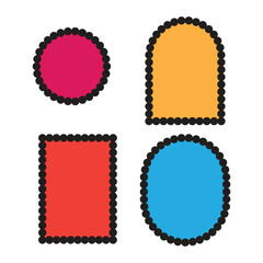 Four colorful graphic shapes with decorative dotted borders, isolated on a white background