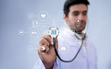 Doctors and the medical revolution on virtual screens and technological advancements Artificial Intelligence (AI) Deep Learning for future medical research and health technology.