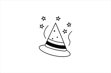 Simple black and white illustration of a party hat with stars