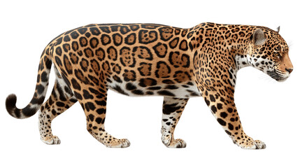 Majestic Jaguar Portrait: A stunning jaguar, adorned with its distinctive rosette-patterned coat, gracefully strides with regal poise. The image captures the essence of this apex predator.