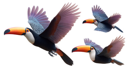 Naklejka premium Majestic Toucans in Flight: Three toucans, showcasing their striking plumage and oversized beaks, soar gracefully through the air, embodying freedom and exotic beauty.