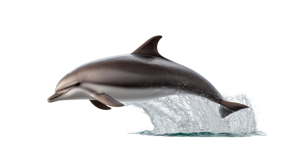 Dolphin in Mid-Air: A sleek dolphin leaps gracefully through the air, water surrounding, a stunning display of marine agility and beauty. 