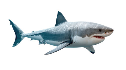 Obraz premium Ocean's Apex Predator: A captivating depiction of a formidable great white shark, showcasing its powerful form and razor-sharp teeth, set against a backdrop of the deep blue sea.