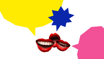 Pop art composition. Group of red lips with colorful speech bubbles symbolizing public debate. Concept of communication, freedom of expression, media collaboration for journalism and PR visuals.