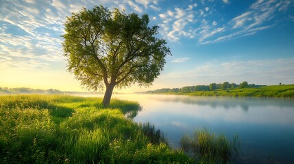 Fototapeta premium Serene Lakeside View Solitary Tree, Misty Water, and Golden Sunrise Under Wispy Clouds