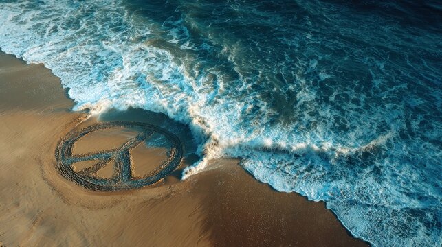 Peace symbol drawn on sandy beach about to be washed away by sea waves