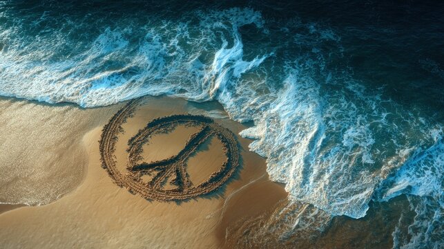 Peace symbol drawn on sandy beach being touched by the ocean waves symbolizing harmony and