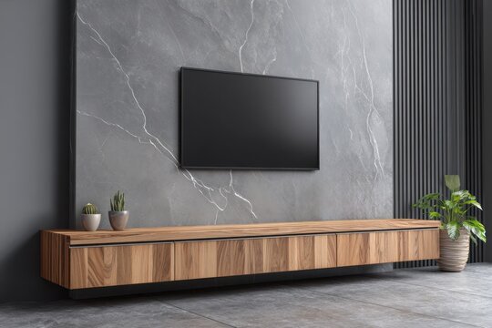 Modern living room with wall mounted television and wooden media console.