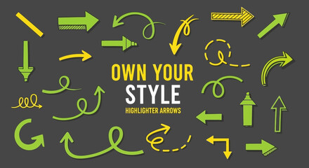 Vibrant collection of hand-drawn green and yellow arrows, perfect for highlighting content, guiding direction, and adding a playful, illustrative touch to designs