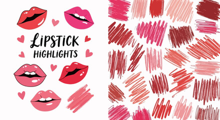 Colorful vector art featuring artistic lip designs with vibrant lipstick shades and textured cosmetic swatches, ideal for beauty and fashion branding