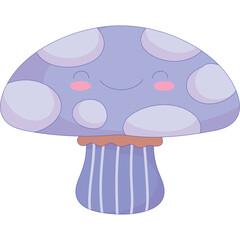 Cute purple cartoon mushroom with white spots and a smiling face on a transparent background, whimsical fantasy illustration