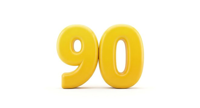 Bright yellow ninety numerical figures isolated against a clean white backdrop render