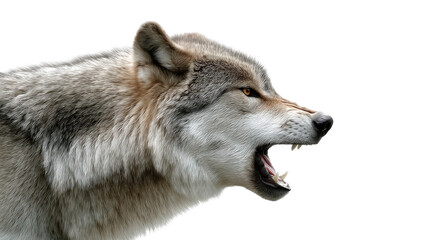 Fototapeta premium The Howling Wolf: A fierce gray wolf bares its teeth, emitting a powerful howl. A dramatic portrait that evokes the wildness and raw beauty of the animal