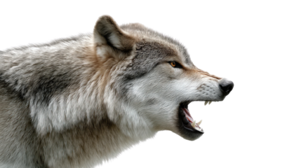 The Howling Wolf: A fierce gray wolf bares its teeth, emitting a powerful howl. A dramatic portrait that evokes the wildness and raw beauty of the animal