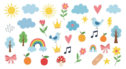 Adorable Hand-Drawn Vector Elements Set Cute Illustrations of Nature, Hearts, Music, and Everyday Objects for Creative Projects and Children's Designs
