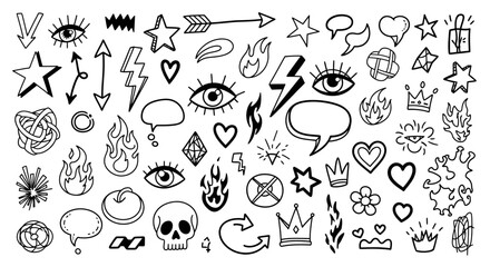 Expressive Hand-Drawn Doodle Graphics Collection for Creative Design Projects - Featuring Abstract Shapes, Mystic Eyes, Stars, Arrows, and Trendy Accents