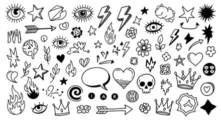 Versatile Hand-Drawn Doodle Collection A Modern Set of Sketch-Style Graphic Elements for Creative Design Projects, Featuring Stars, Hearts, Eyes, and Abstract Shapes