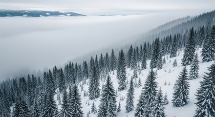 Obraz premium Snow Covered Evergreen Forest in Misty Mountain Landscape