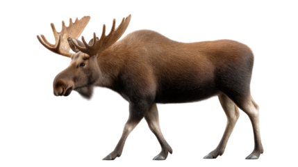 Majestic Moose in Motion: A powerful moose with impressive antlers strides confidently, showcasing the wild beauty of nature. 