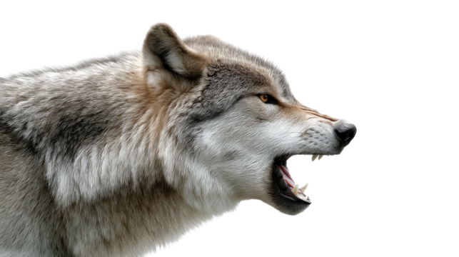 The Howling Wolf: A fierce gray wolf bares its teeth, emitting a powerful howl. A dramatic portrait that evokes the wildness and raw beauty of the animal