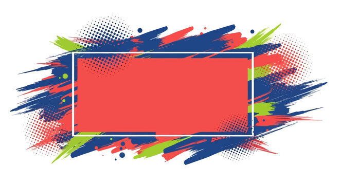 Dynamic abstract frame with vibrant paint brush strokes in blue, green, and red, featuring halftone texture. Ideal for modern graphic design backgrounds and creative banners