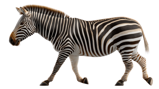 Zebra's Striking Profile: A solitary zebra gracefully strides across the terrain, its striking coat of black and white stripes. showcasing its unique natural design and elegant presence.