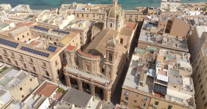 Aerial view of Trapani Cathedral, otherwise the Basilica of St. Lawrence the Martyr. It is a church of the Roman Catholic Diocese located in the historic center of Trapani, Sicily, Italy.