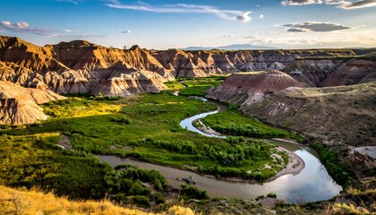 Serpentine river weaves through a canyon with lush greenery under a sky of soft clouds and warm lighting