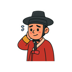 Shy korean man scratching neck awkwardly. Embarrassed man wearing traditional hanbok.