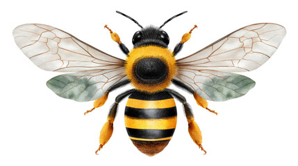 Obraz premium Busy Bee Close-up: a single bee in sharp detail shows its wings spread for flight, against an airy background.