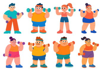 PNG Colorful cartoon fitness characters exercising, element set on transparent background