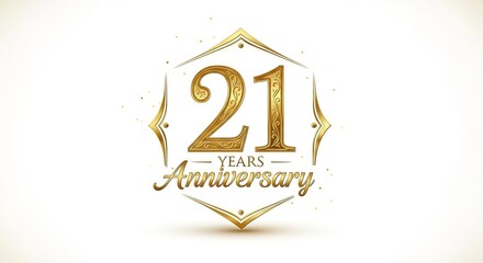 Celebratory golden 21st anniversary emblem design with elegant embellishments on a white backdrop
