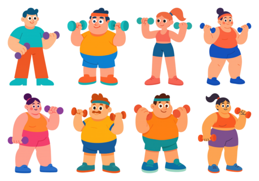 PNG Colorful cartoon fitness characters exercising, element set on transparent background - Powered by Adobe