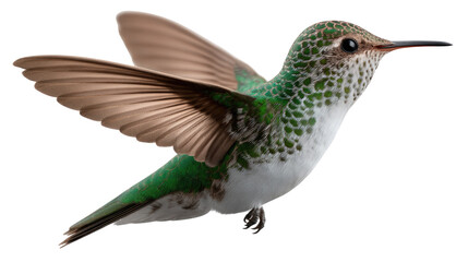 Obraz premium Hummingbird in Flight: A vibrant hummingbird, displaying exquisite detail in mid-flight, showcases its graceful wings and long beak, an emblem of agility and natural beauty.