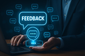 Customer feedback concept with holographic chat bubbles showing communication review and client satisfaction interaction