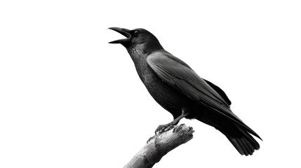 A Raven's Call: A striking raven, perched on a branch, emits a resonant call against a stark background, evoking a sense of mystery and the wild.