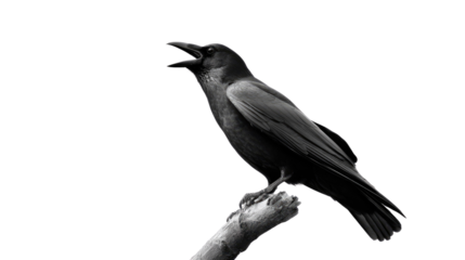 A Raven's Call: A striking raven, perched on a branch, emits a resonant call against a stark background, evoking a sense of mystery and the wild.