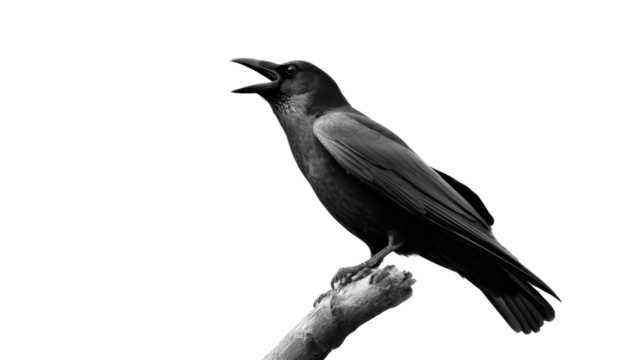 A Raven's Call: A striking raven, perched on a branch, emits a resonant call against a stark background, evoking a sense of mystery and the wild.